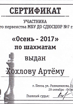 Сертификат по шахматам Артема Хохлова